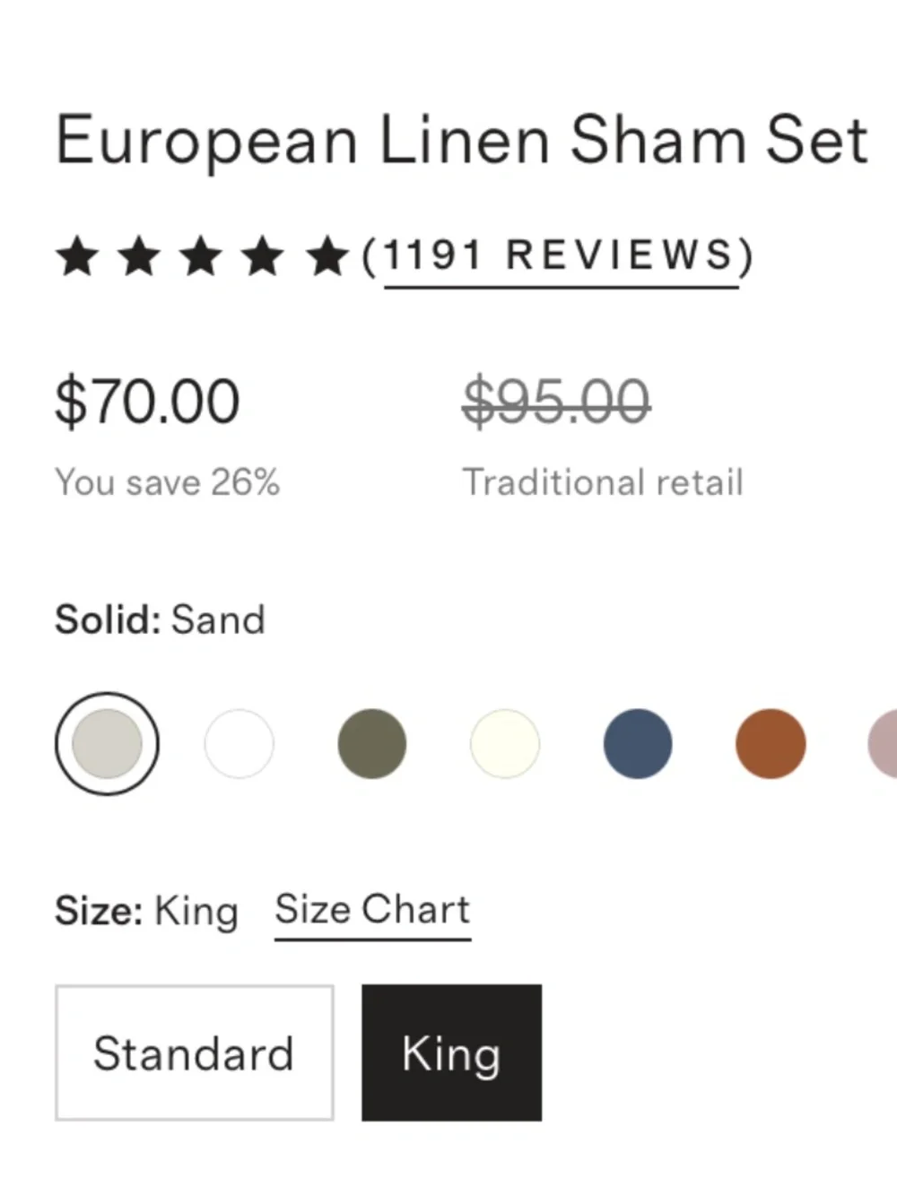 New European Linen Sham Set of 2 King Sand Tan